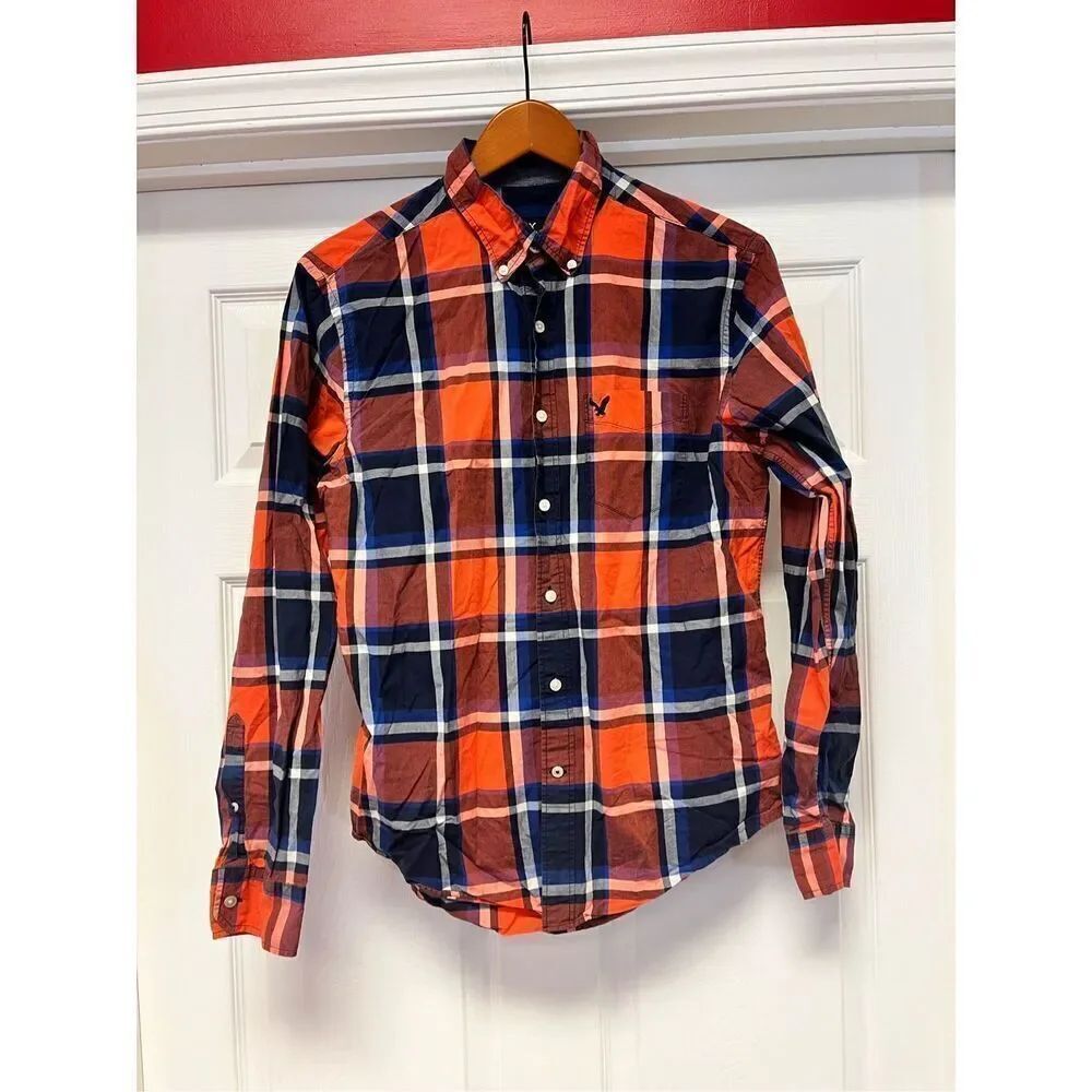 American Eagle Outfitters Blue & Orange Plaid Button Down Shirt Sz M